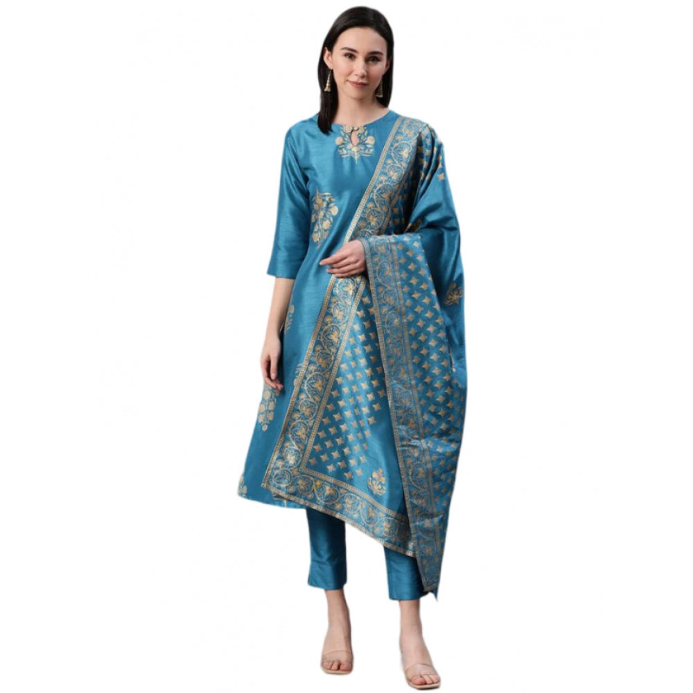 Women's Casual 3-4Th Sleeve Ethnic Motifs Poly Silk Kurti Pant And Dupatta Set (Blue) - GillKart