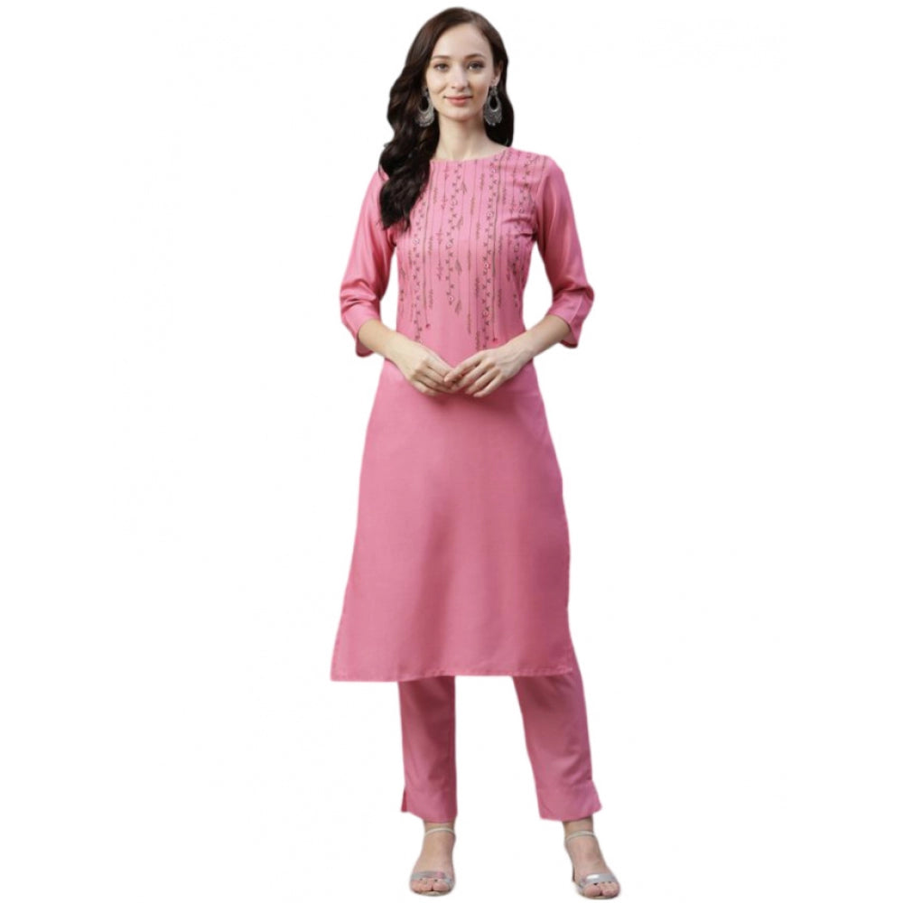 Women's Casual 3-4Th Sleeve Floral Printed Rayon Kurti And Pant Set (Pink) - GillKart