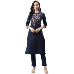 Women's Casual 3-4Th Sleeve Floral Printed Rayon Kurti And Pant Set (Navy Blue) - GillKart