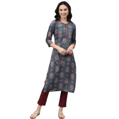 Women's Casual 3-4Th Sleeve Floral Printed Rayon Kurti And Pant Set (Grey) - GillKart