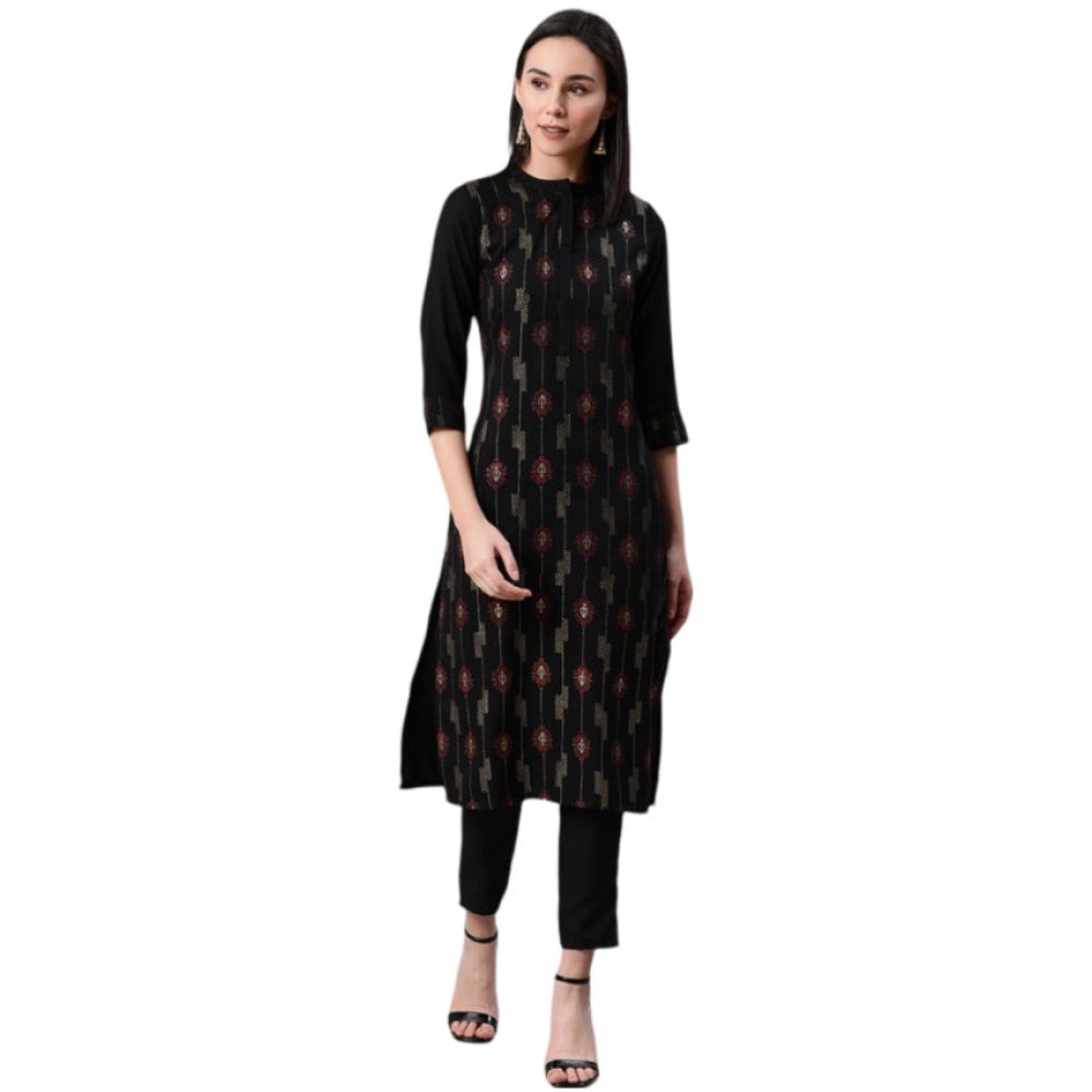 Women's Casual 3-4Th Sleeve Ethnic Motifs Rayon Kurti And Pant Set (Black) - GillKart