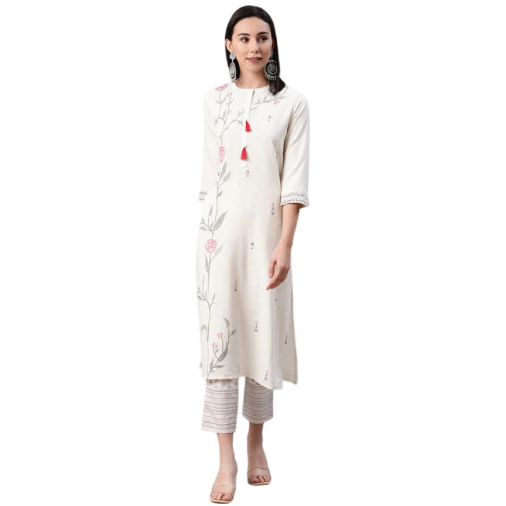 Women's Casual 3-4Th Sleeve Floral Printed Rayon Kurti And Pant Set (Cream) - GillKart