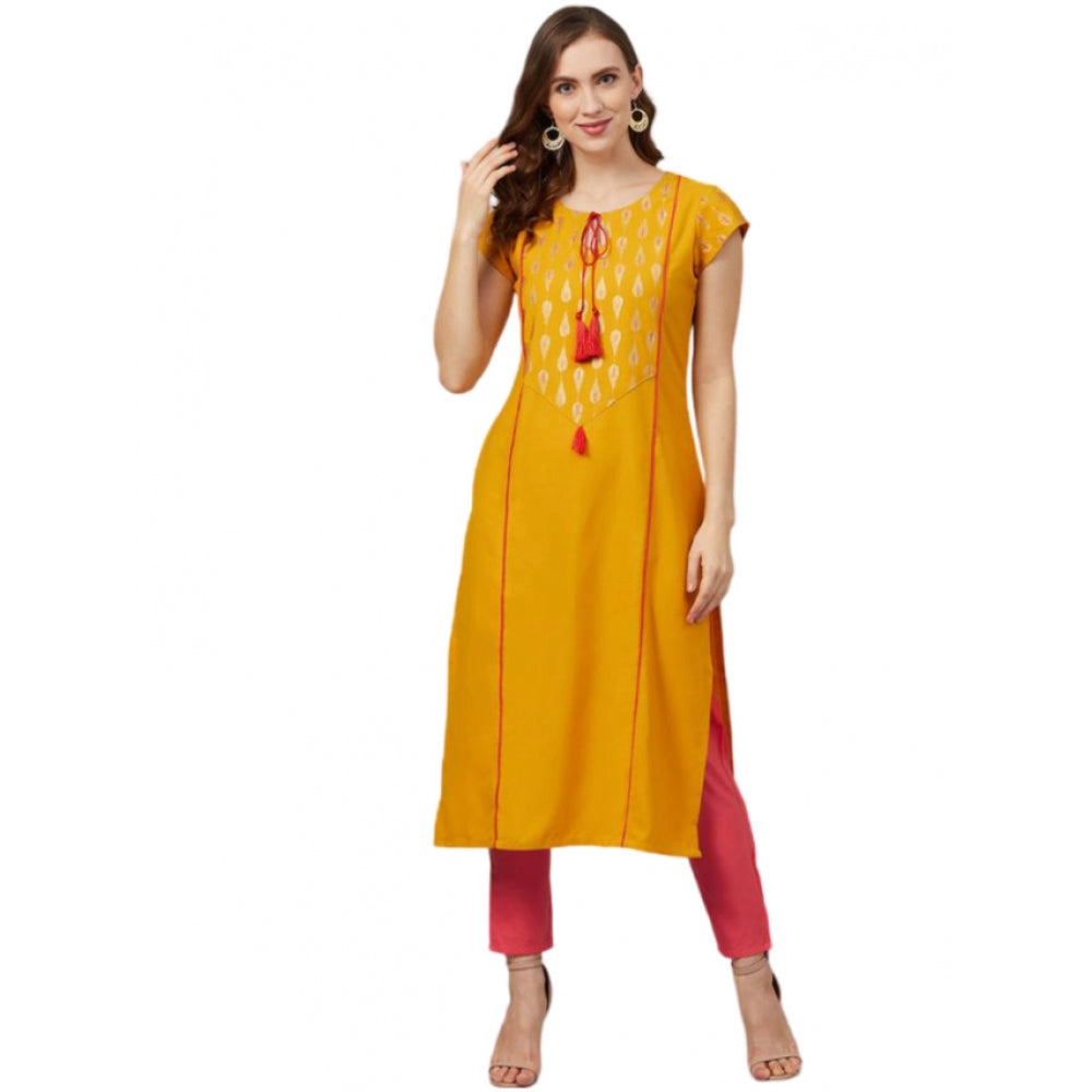 Women's Casual Short Sleeves Floral Printed Rayon Kurti and Pant Set (Mustard) - GillKart