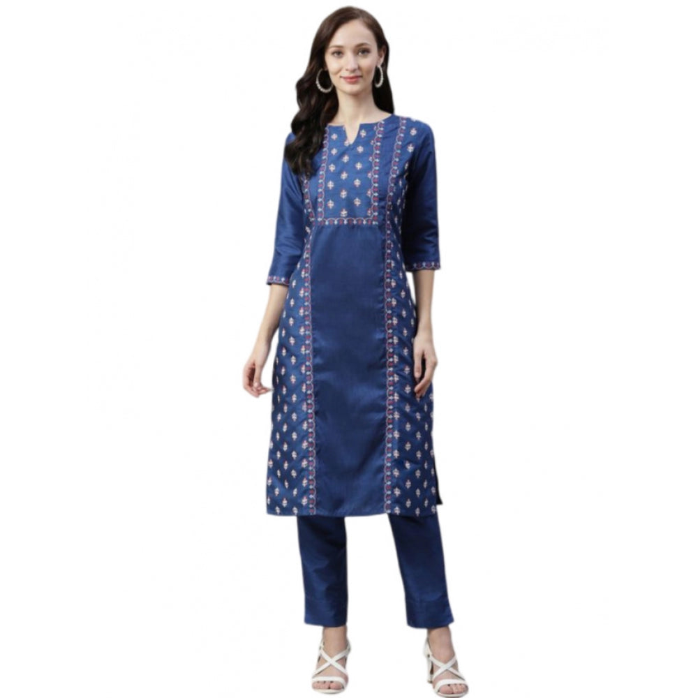 Women's Casual 3-4Th Sleeve Floral Printed Poly Silk Kurti And Pant Set (Blue) - GillKart