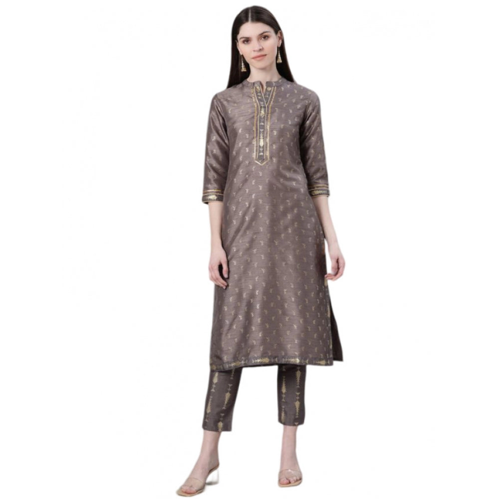 Women's Casual 3-4Th Sleeve Ethnic Motifs Poly Silk Kurti And Pant Set (Grey) - GillKart