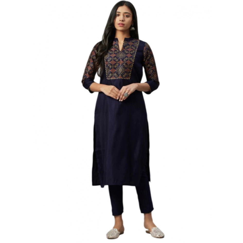 Women's Casual 3-4Th Sleeve Ethnic Motifs Poly Silk Kurti and Pant Set (Blue) - GillKart