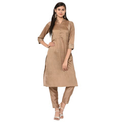 Women's Casual 3-4Th Sleeve Solid Poly Silk Kurti and Pant Set (Brown) - GillKart