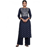 Women's Casual 3-4Th Sleeve Floral Printed Rayon Kurti and Palazzo Set (Navy Blue) - GillKart