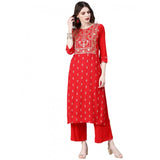 Women's Casual 3-4Th Sleeve Floral Printed Rayon Kurti and Palazzo Set (Red) - GillKart