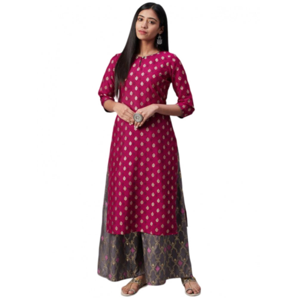 Women's Casual 3-4Th Sleeve Floral Printed Poly Silk Kurti And Palazzo Set (Pink) - GillKart