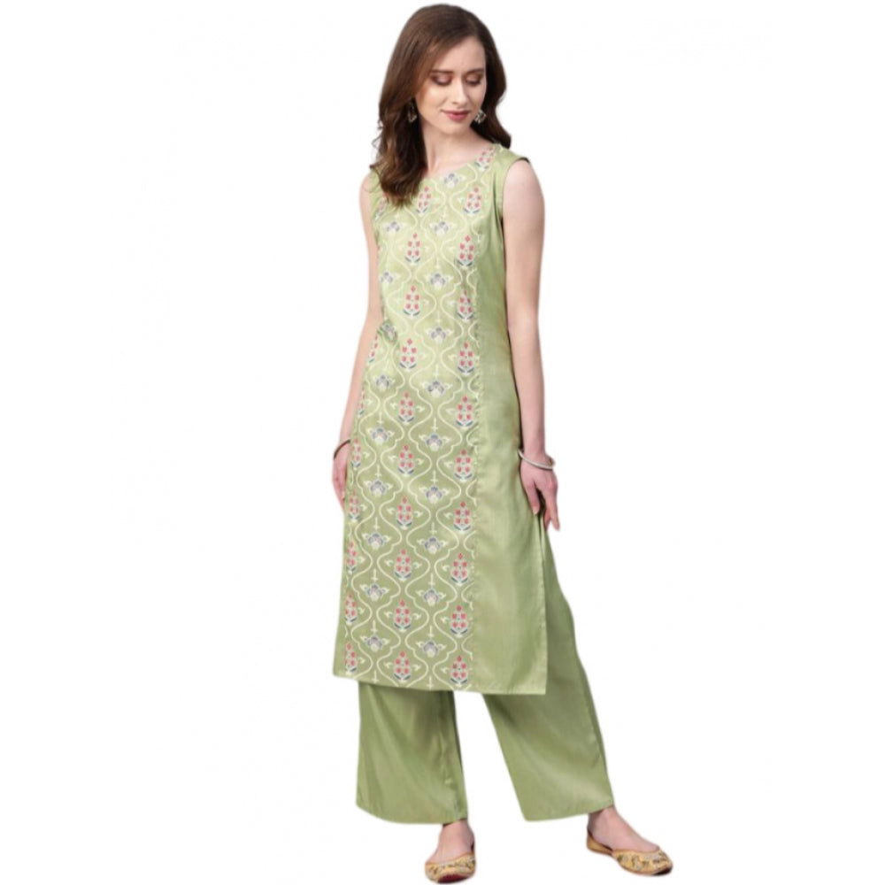 Women's Casual Sleeveless Floral Printed Poly Silk Kurti and Palazzo Set (Green) - GillKart