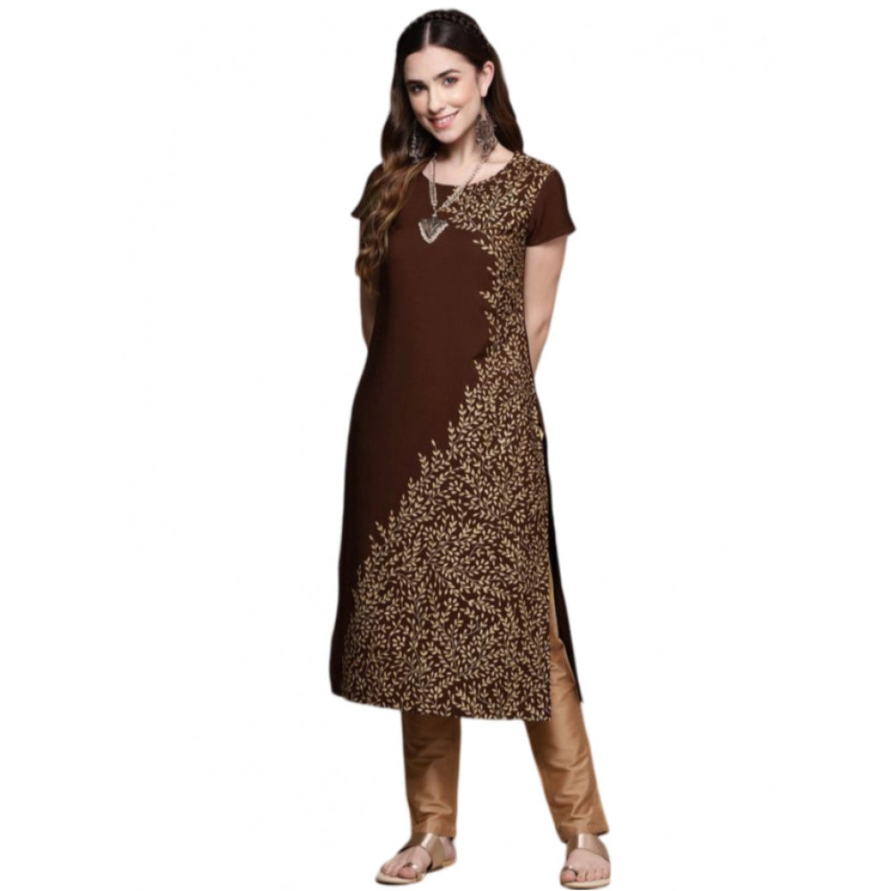 Women's Casual Short Sleeves Floral Printed Crepe Kurti (Brown) - GillKart