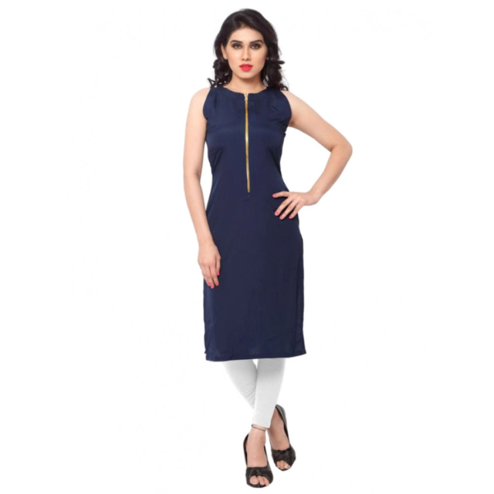 Women's Casual Sleeveless Solid Crepe Kurti (Blue) - GillKart