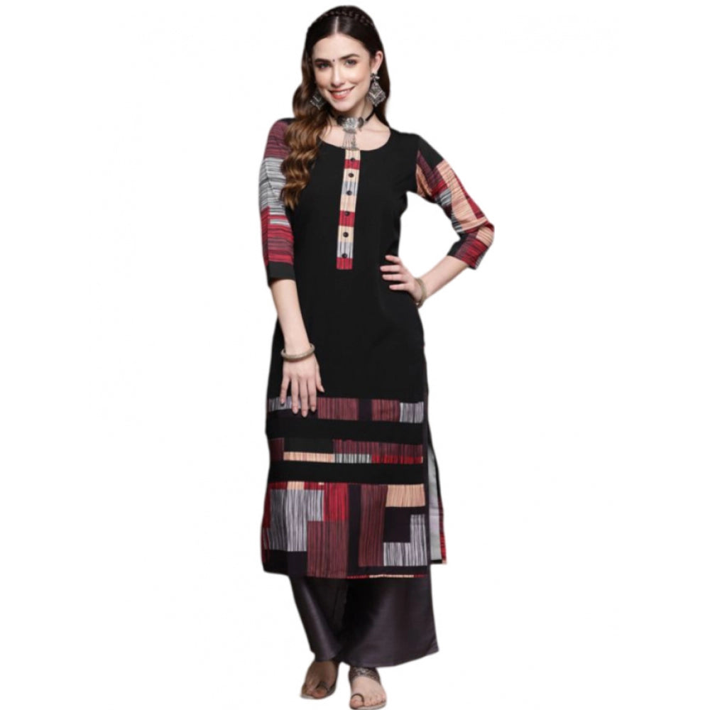 Women's Casual 3-4Th Sleeve Ethnic Motifs Crepe Kurti (Black) - GillKart