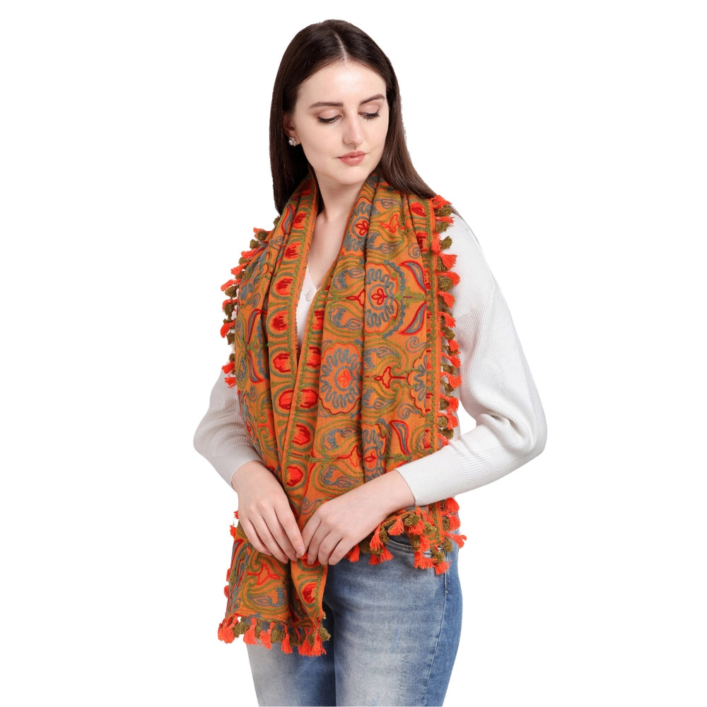 Women's Cotton Embroidered Muffler (Orange, Length: 0.5 to 1 Mtr) - GillKart