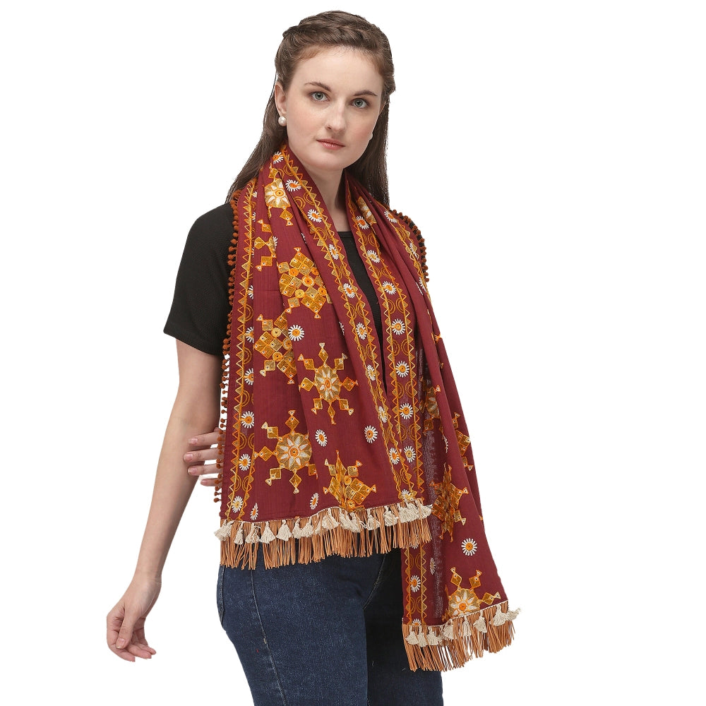 Women's Cotton Embroidered Muffler (Maroon, Length: 0.5 to 1 Mtr) - GillKart