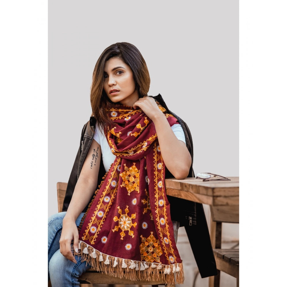 Women's Cotton Embroidered Muffler (Maroon, Length: 0.5 to 1 Mtr) - GillKart