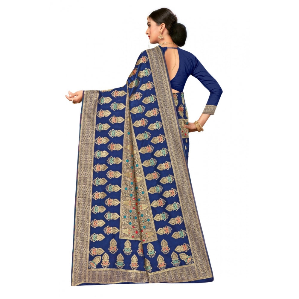 Women's Banarasi Silk Designer Weaving Saree With Unstitched Blouse (Blue, 5.50 Mtrs) - GillKart