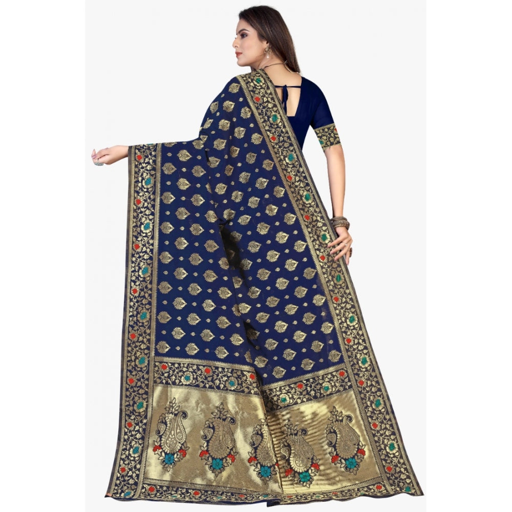 Women's Banarasi Silk Designer Weaving Saree With Unstitched Blouse (Blue, 5.50 Mtrs) - GillKart