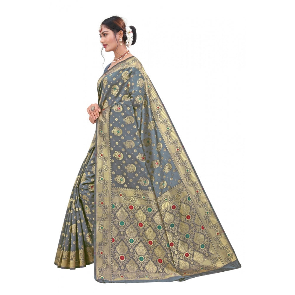 Women's Banarasi Silk Designer Weaving Saree With Unstitched Blouse (Grey, 5.50 Mtrs) - GillKart