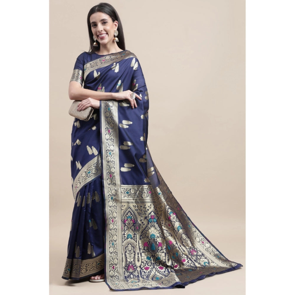 Women's Kanjivaram Silk Designer Weaving Saree With Unstitched Blouse (Blue, 5.50 Mtrs) - GillKart