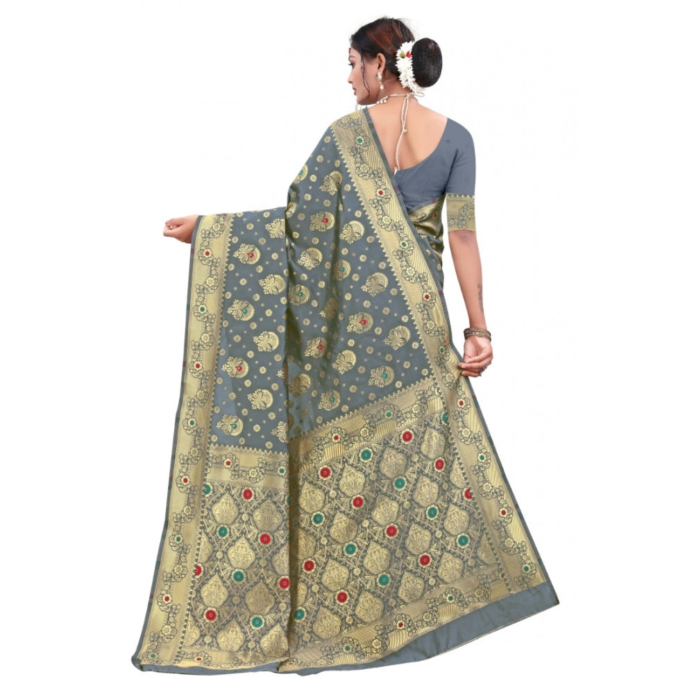 Women's Banarasi Silk Designer Weaving Saree With Unstitched Blouse (Grey, 5.50 Mtrs) - GillKart