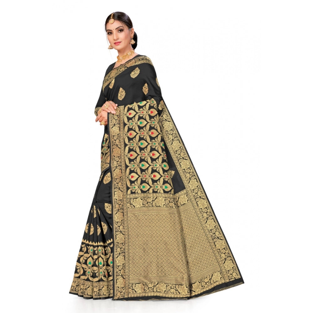 Women's Banarasi Silk Designer Weaving Saree With Unstitched Blouse (Black, 5.50 Mtrs) - GillKart