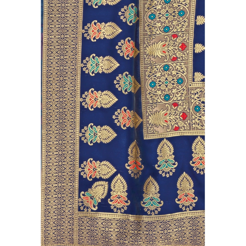 Women's Banarasi Silk Designer Weaving Saree With Unstitched Blouse (Blue, 5.50 Mtrs) - GillKart