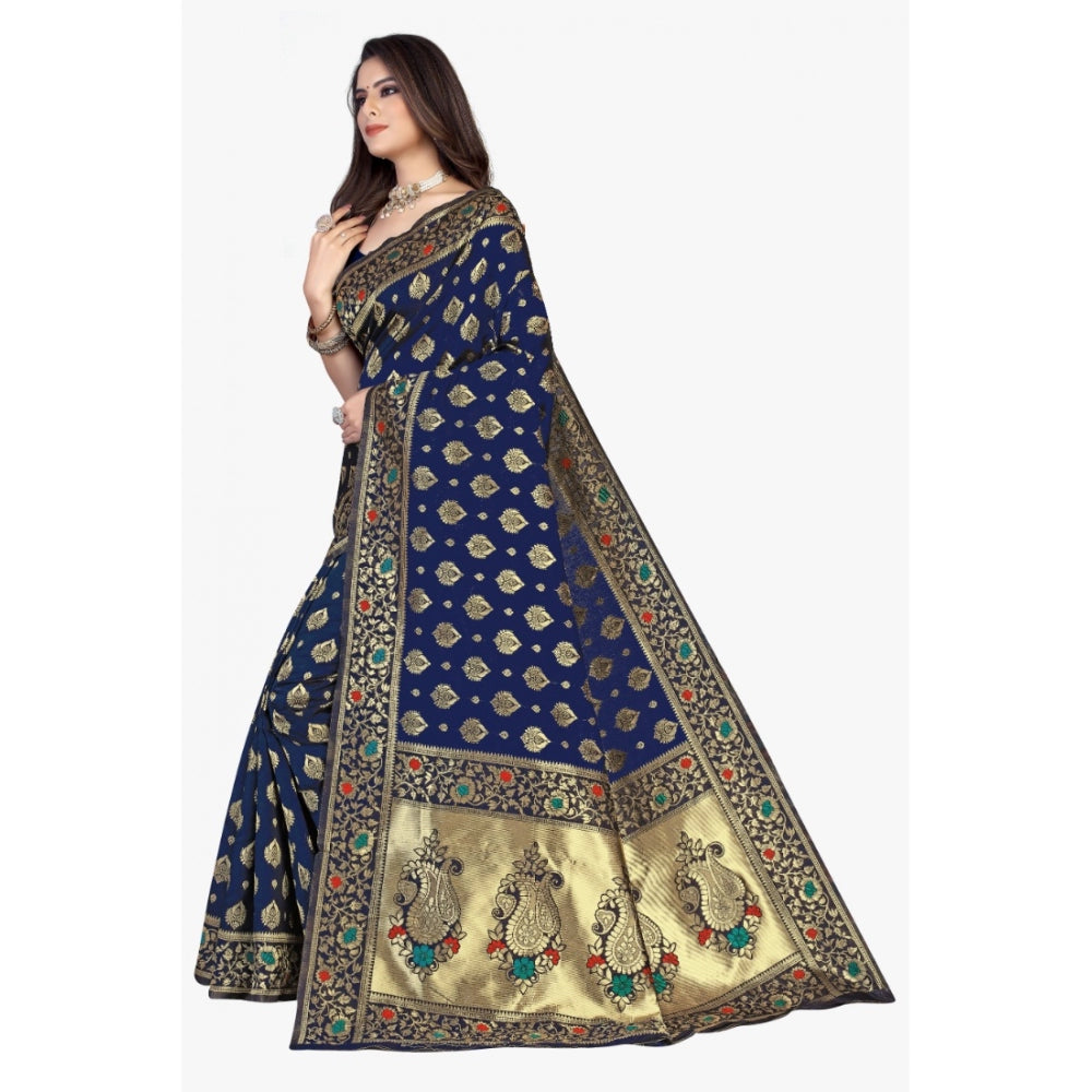 Women's Banarasi Silk Designer Weaving Saree With Unstitched Blouse (Blue, 5.50 Mtrs) - GillKart