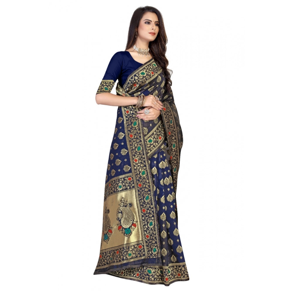 Women's Banarasi Silk Designer Weaving Saree With Unstitched Blouse (Blue, 5.50 Mtrs) - GillKart