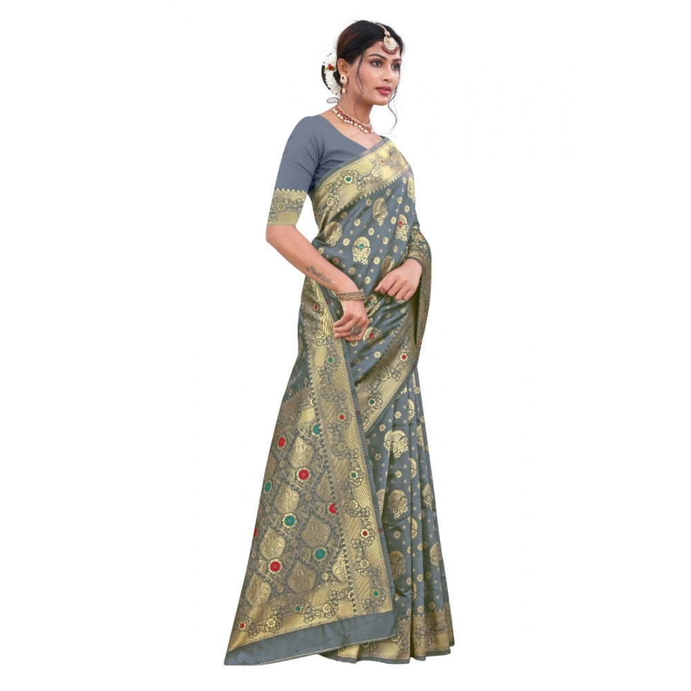 Women's Banarasi Silk Designer Weaving Saree With Unstitched Blouse (Grey, 5.50 Mtrs) - GillKart