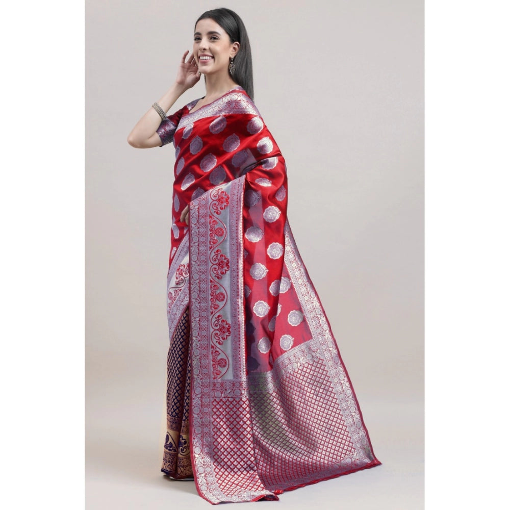 Women's Kanjivaram Silk Designer Weaving Saree With Unstitched Blouse (Red &amp; Blue, 5.50 Mtrs) - GillKart