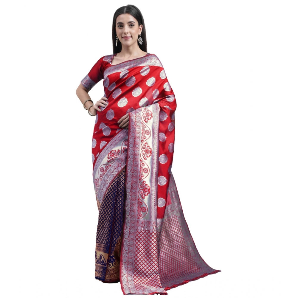 Women's Kanjivaram Silk Designer Weaving Saree With Unstitched Blouse (Red &amp; Blue, 5.50 Mtrs) - GillKart