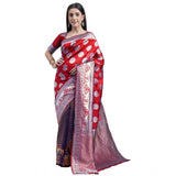 Women's Kanjivaram Silk Designer Weaving Saree With Unstitched Blouse (Red &amp; Blue, 5.50 Mtrs) - GillKart