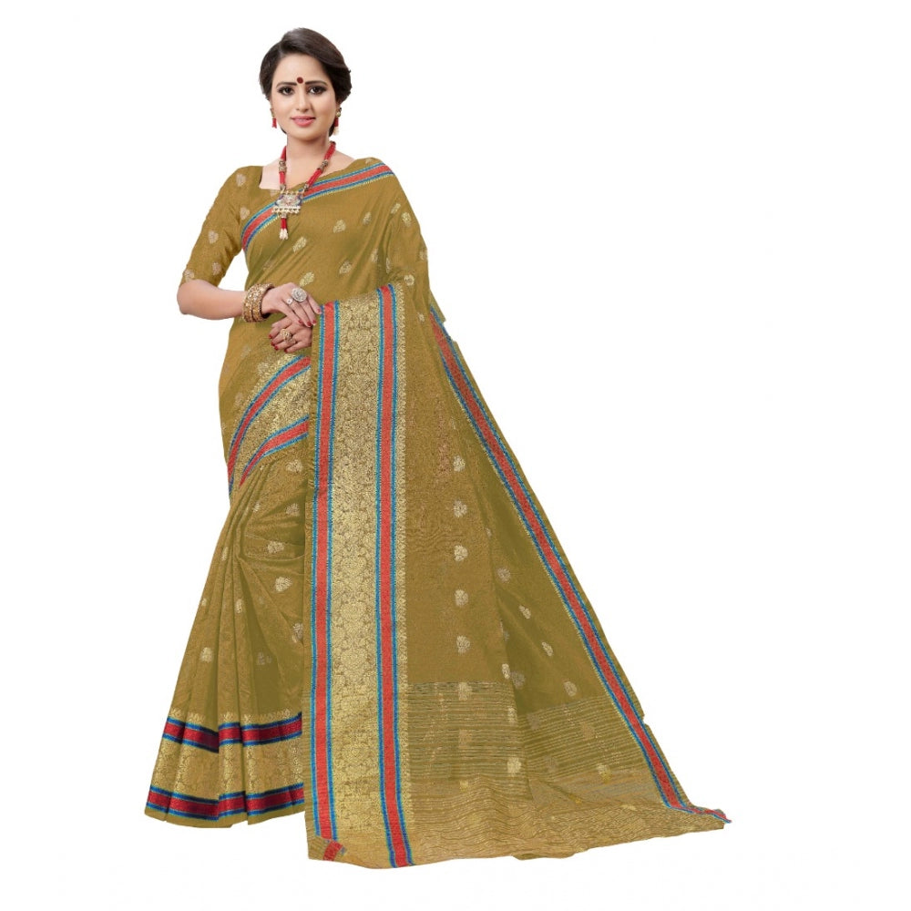 Women's Cotton Silk Designer Weaving Saree With Unstitched Blouse (Beige, 5.50 Mtrs) - GillKart