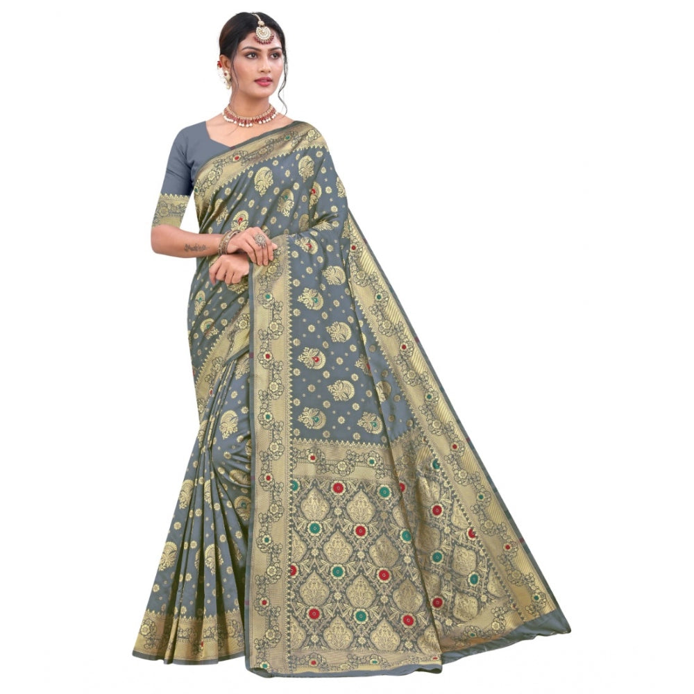 Women's Banarasi Silk Designer Weaving Saree With Unstitched Blouse (Grey, 5.50 Mtrs) - GillKart