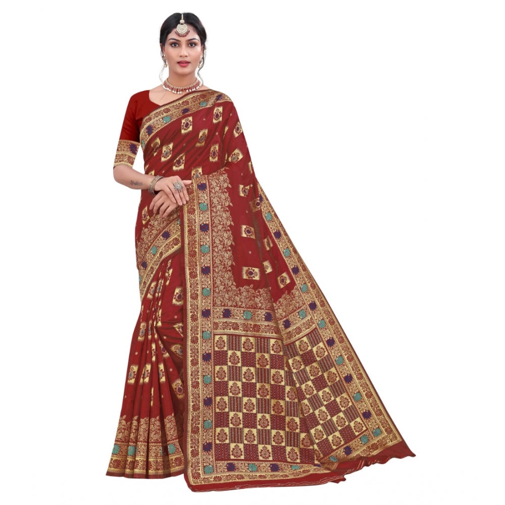 Women's Banarasi Silk Designer Weaving Saree With Unstitched Blouse (Maroon, 5.50 Mtrs) - GillKart