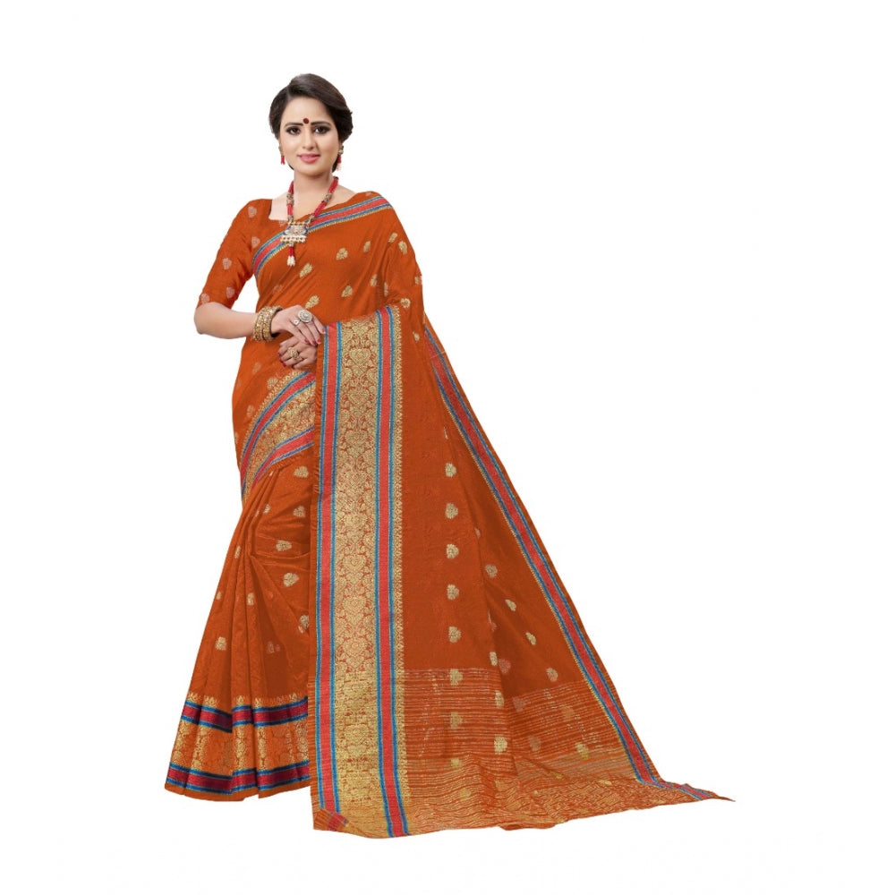 Women's Cotton Silk Designer Weaving Saree With Unstitched Blouse (Orange, 5.50 Mtrs) - GillKart