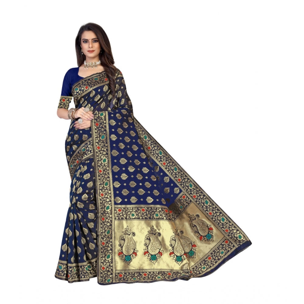 Women's Banarasi Silk Designer Weaving Saree With Unstitched Blouse (Blue, 5.50 Mtrs) - GillKart