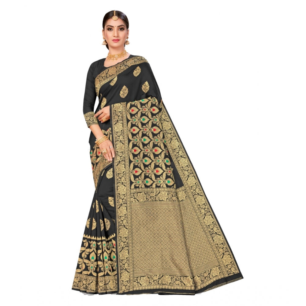 Women's Banarasi Silk Designer Weaving Saree With Unstitched Blouse (Black, 5.50 Mtrs) - GillKart