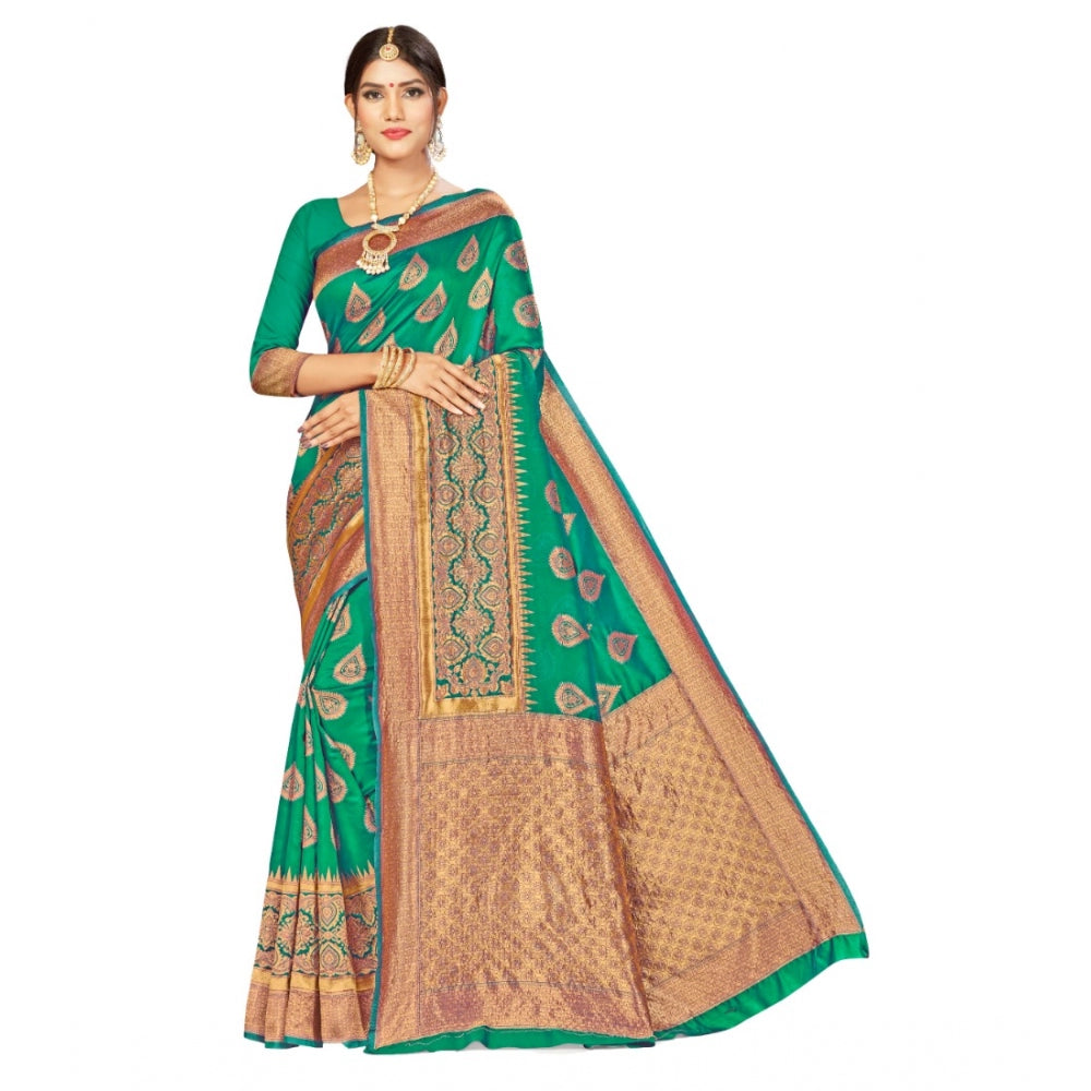 Women's Banarasi Silk Designer Weaving Saree With Unstitched Blouse (Green, 5.50 Mtrs) - GillKart