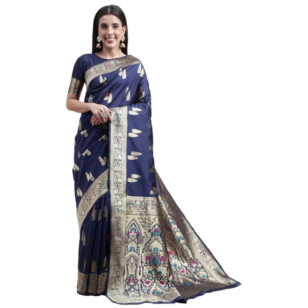 Women's Kanjivaram Silk Designer Weaving Saree With Unstitched Blouse (Blue, 5.50 Mtrs) - GillKart