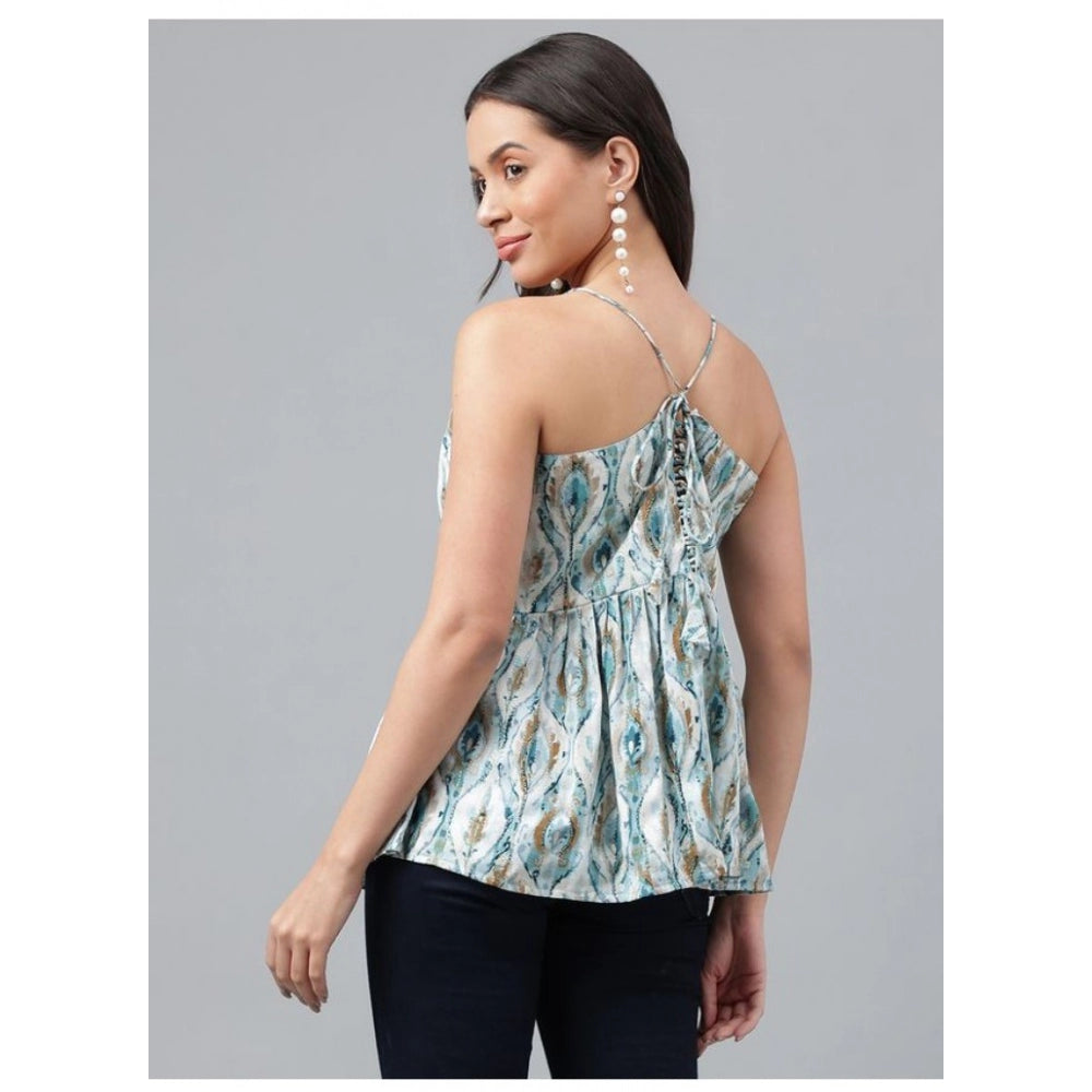 Women's Casual Sleeveless Printed Cotton Top (White-Green) - GillKart