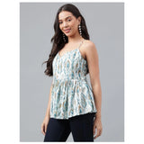 Women's Casual Sleeveless Printed Cotton Top (White-Green) - GillKart