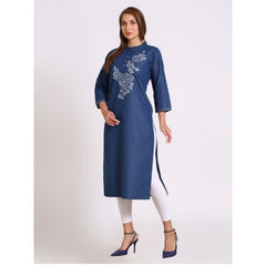 Women's Casual Denim Embroidery 3-4th sleeve Straight Kurti (Blue) - GillKart