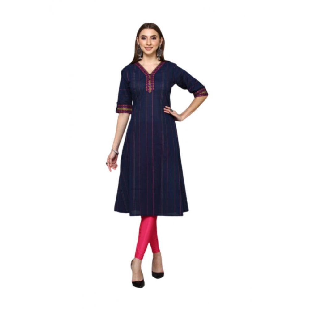Women's Casual Cotton Stripes 3-4th sleeve Straight Kurti (Navy Blue) - GillKart