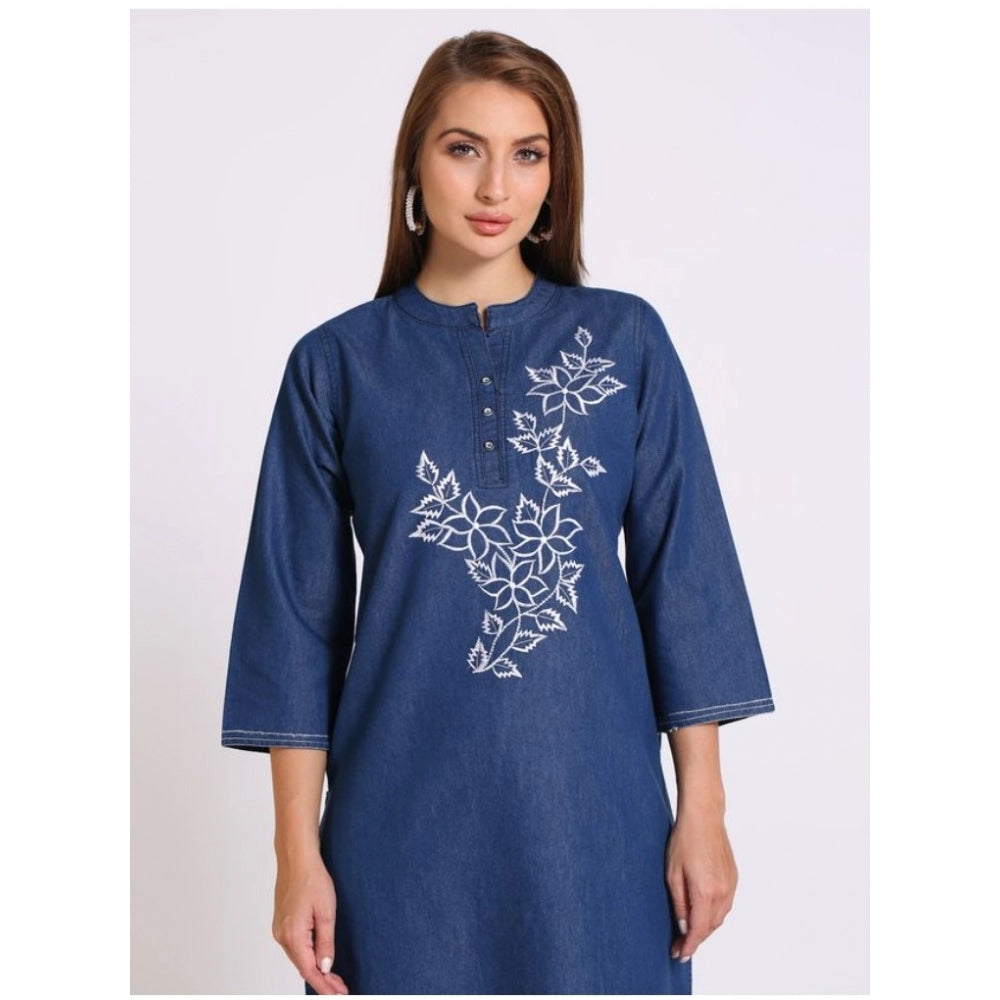Women's Casual Denim Embroidery 3-4th sleeve Straight Kurti (Blue) - GillKart