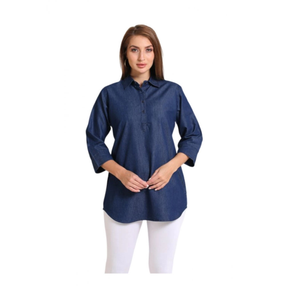 Women's Casual Denim Solid 3-4th sleeve Tunic Top (Blue) - GillKart