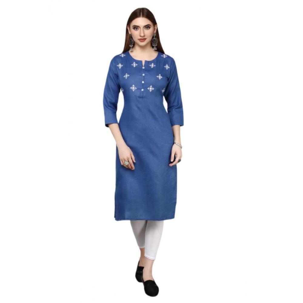 Women's Casual Cotton Embroidery 3-4th sleeve Straight Kurti (Blue) - GillKart