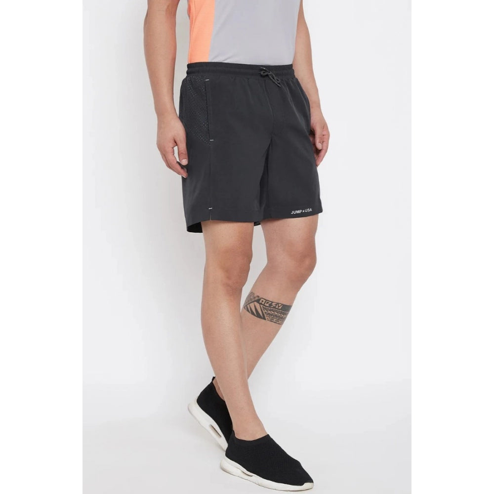 Men's Solid Polyester Above Knee Shorts (Black) - GillKart